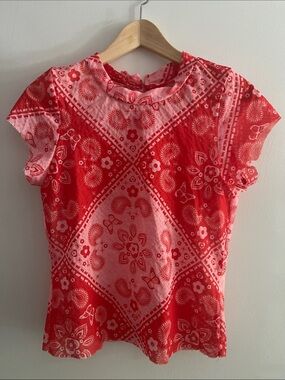 LISA SAYS GAH red and pink sheer  bandanna print top, size large